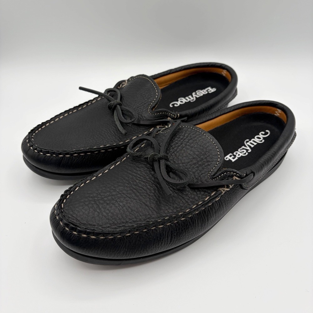 Easy Moc Mens Handmade In USA Black Leather Vibram Slip On Boat Shoe Sandal 10.5 - Picture 1 of 8